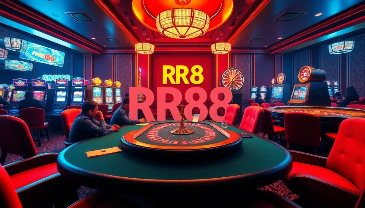 Experience the excitement of RR88 at the luxurious casino, featuring poker tables and slot machines.
