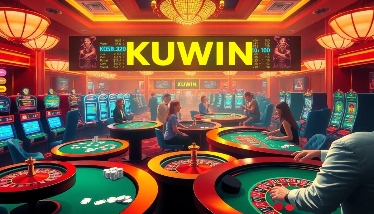 Players at a casino table enjoying games with the KUWIN betting interface displayed prominently, showcasing excitement and strategy.