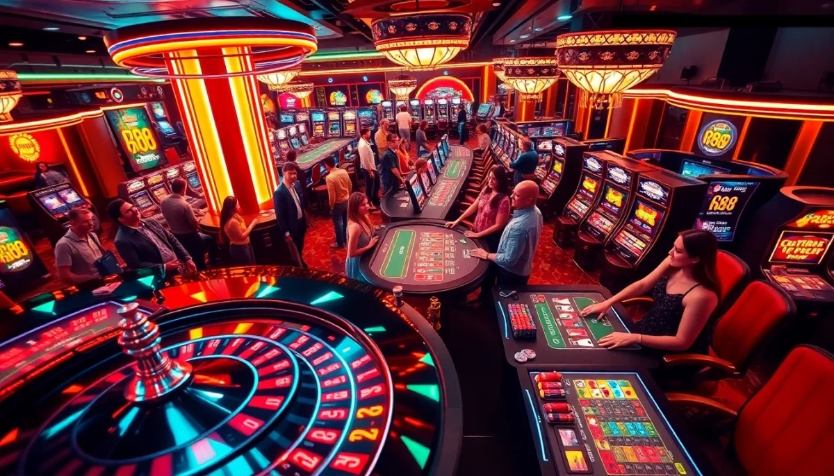 RR88 captures the thrill of online gambling with players enjoying vibrant casino tables and exciting slot machines.